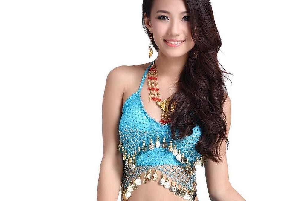 9517 Lady's Belly Dance Bandage Coin Bra Top With Chest Pad Blue